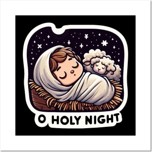 O Holy Night Baby Jesus Sleeping in the Manger with Sheep Posters and Art